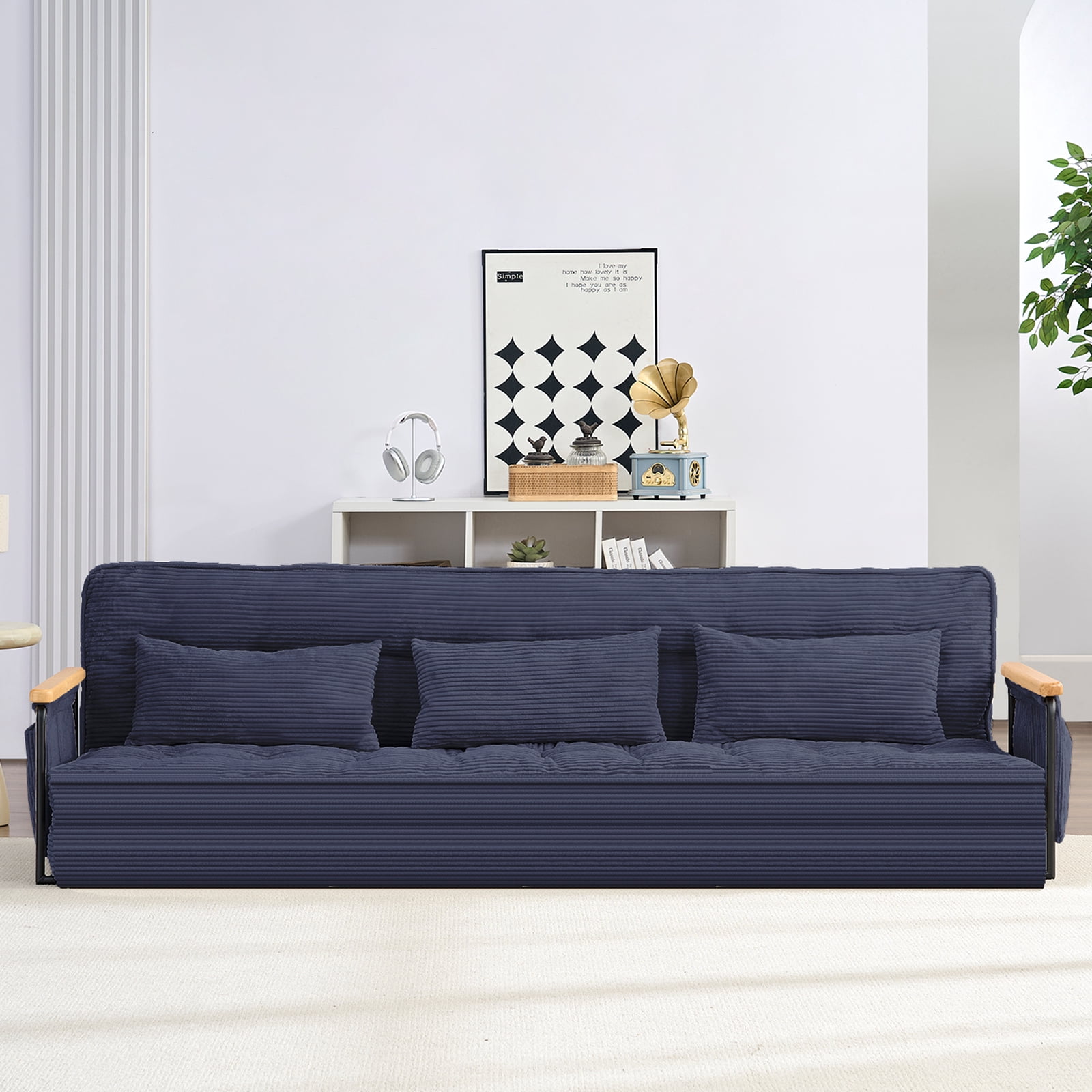 BALUS Futon Sofa Bed, 4-in-1 Corduroy Floor Couch Bed with Folding Mattress, Convertible Sleeper Sofa for Living Room, Blue