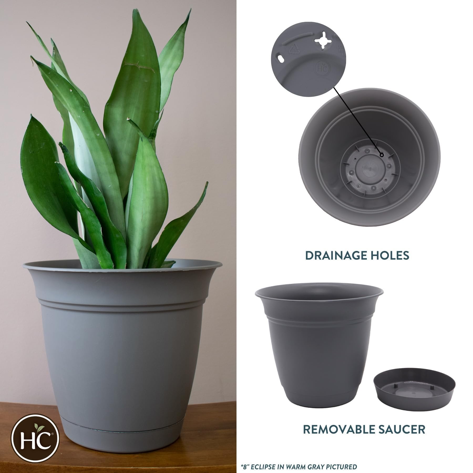 The HC Companies 10 Inch Eclipse Round Planter with Saucer - Indoor Outdoor Plant Pot for Flowers, Vegetables, and Herbs, Warm Gray Pack of 2