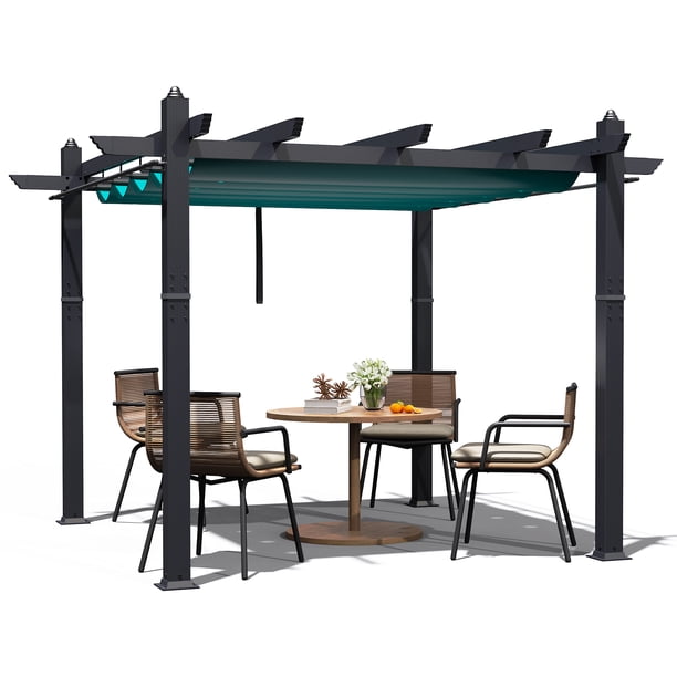 Pérgola de aluminio resistente con techo retráctil y malla lateral - Moderno acabado imitación madera, protección UV, ideal para exteriores - Patio, jardín, terraza o porche