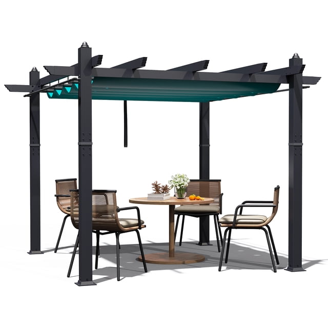 Pérgola de aluminio resistente con techo retráctil y malla lateral - Moderno acabado imitación madera, protección UV, ideal para exteriores - Patio, jardín, terraza o porche