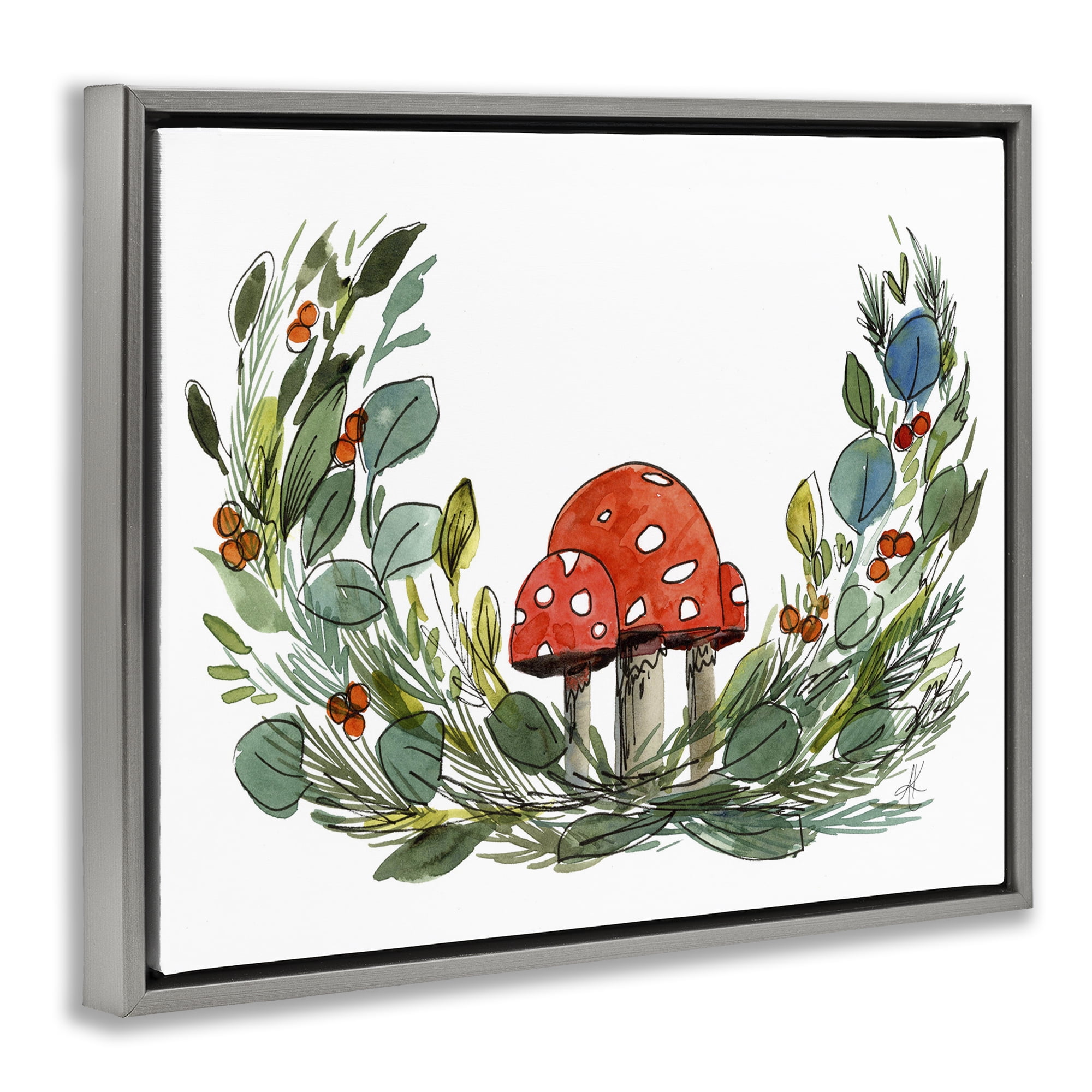 Stupell Industries Mushrooms & Greens Plants & Flowers Painting Gray Floater Framed Canvas Art Print Wall Art, 31 x 25