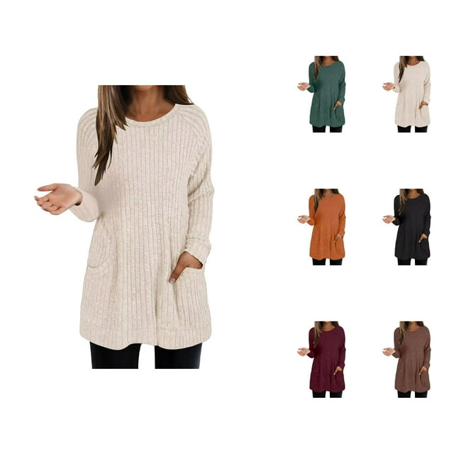 Long Chandail pour Femmes 2025 Manches Longues Col Rond Tricoté Côtelé avec Poches Tenues Automne Hiver