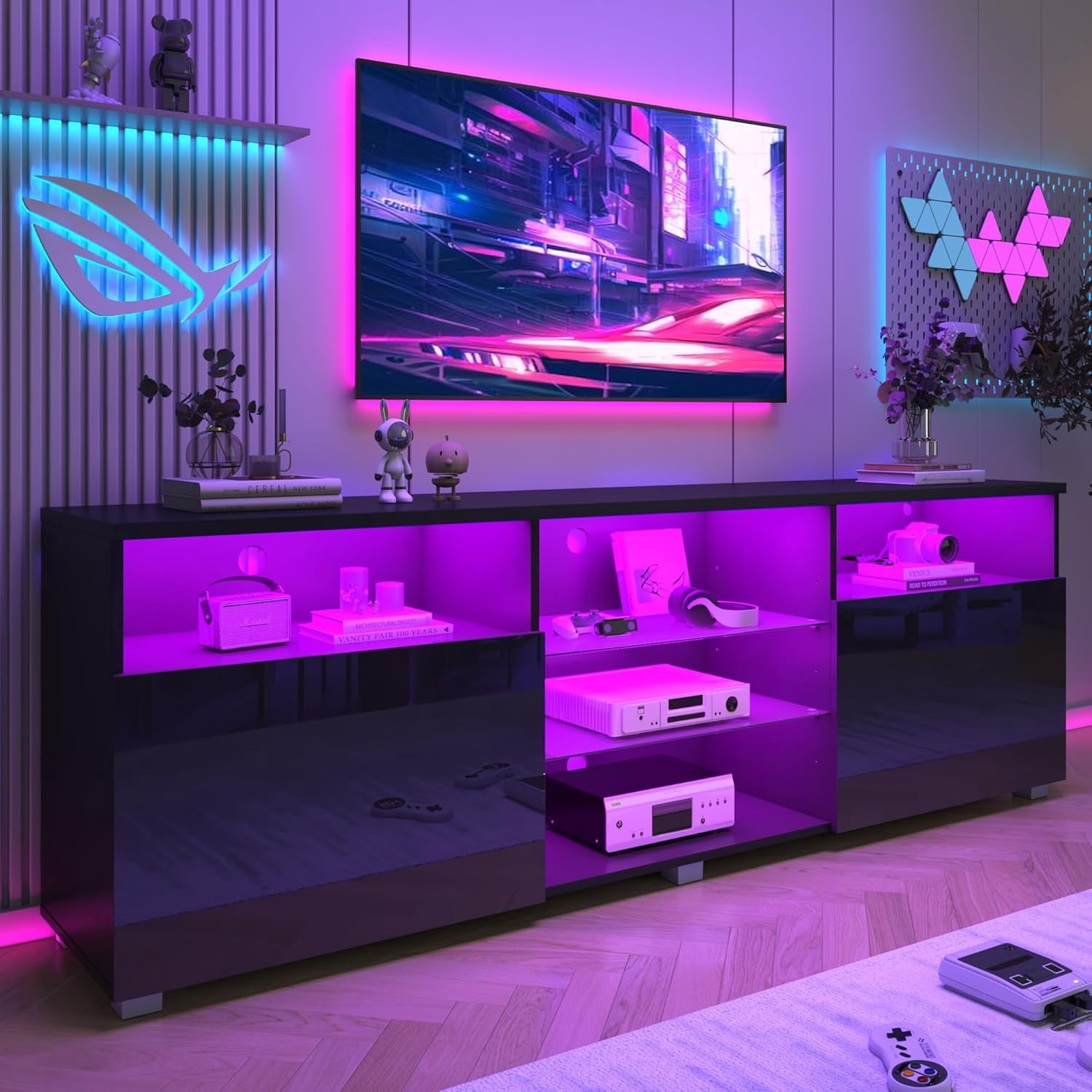 ChVans LED TV Stand for 70/75/80 inch, High Glass Modern Entertainment Center with LED Lights and Glossy Cabinets