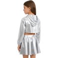 thumbnail image 2 of Hansber Kids Girls Hip Hop Dance Outfit Shiny Metallic Cropped Hoodie Sweatshirt Sports Bra and Skirt Set Silver White 12, 2 of 6