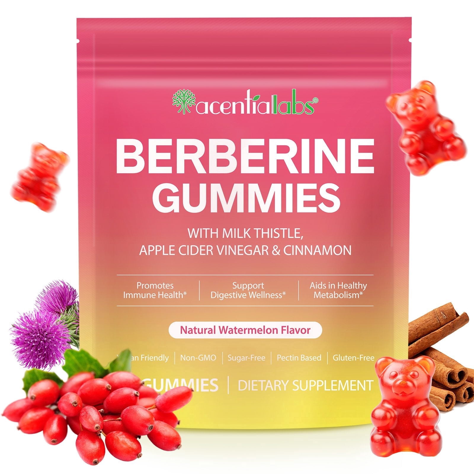 Berberine Gummies Supplement 1000mg, with Ceylon Cinnamon, Chromium, Milk Thistle, Turmeric for Women & Men, 60 GUMMIES