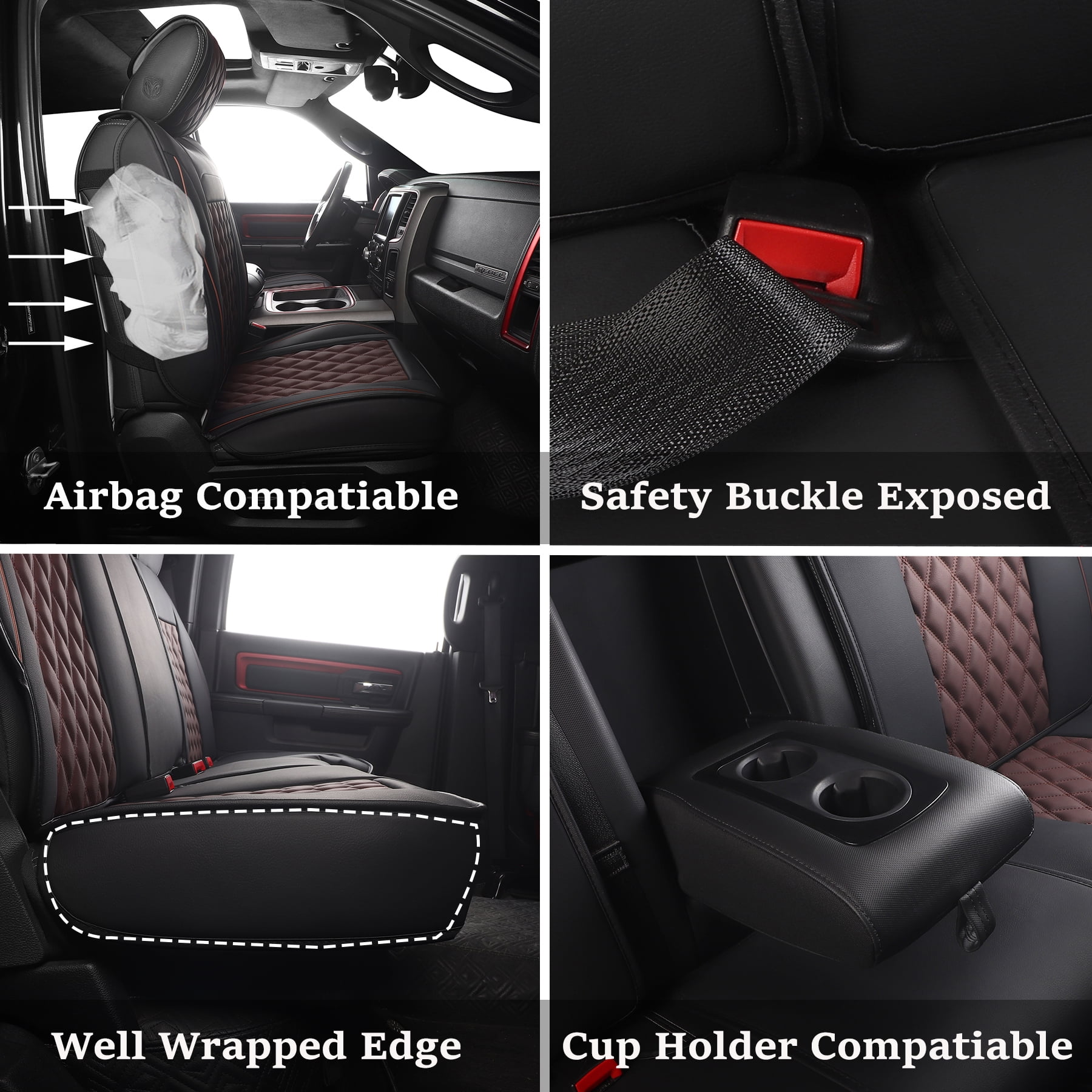 JOJOBAY Car Seat Covers for Dodge Ram,Fit 2009-2026 1500/2500/3500 HD Pick-up Truck,Crew,Regular,Quad,Mega Cab,Waterproof Synthetic Leather Seat Covers(5PCS-Full Set,Black-Brown)