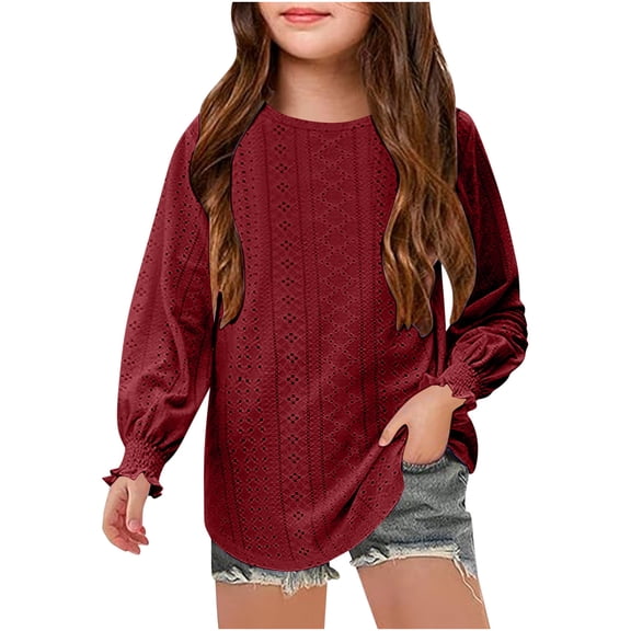 REDARER Girls' Hollow Out Long Sleeve Casual Blouse - Loose Fit Round Neck Comfortable Breathable Spring Summer Daily Wear Basic Tee Top,10-12 Years