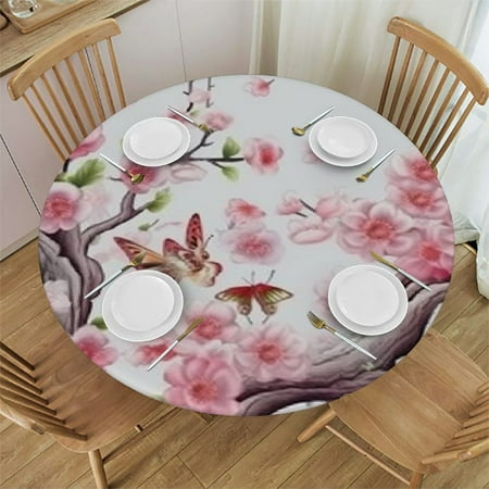 

Tllo0ord Vivid Flowering Branch Round Elastic Polyester Washable Table Cloths for Indoor Restaurant Cafe Canteen or Outdoor Terrace Party Fits up Tables 54-58