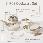 Carote 21 Pcs Nonstick Cookware Set, Pots and Pans Set with Detachable Handles, Oven/Dishwasher Safe, Stackable Kitchen Cooking Set, White Granite.