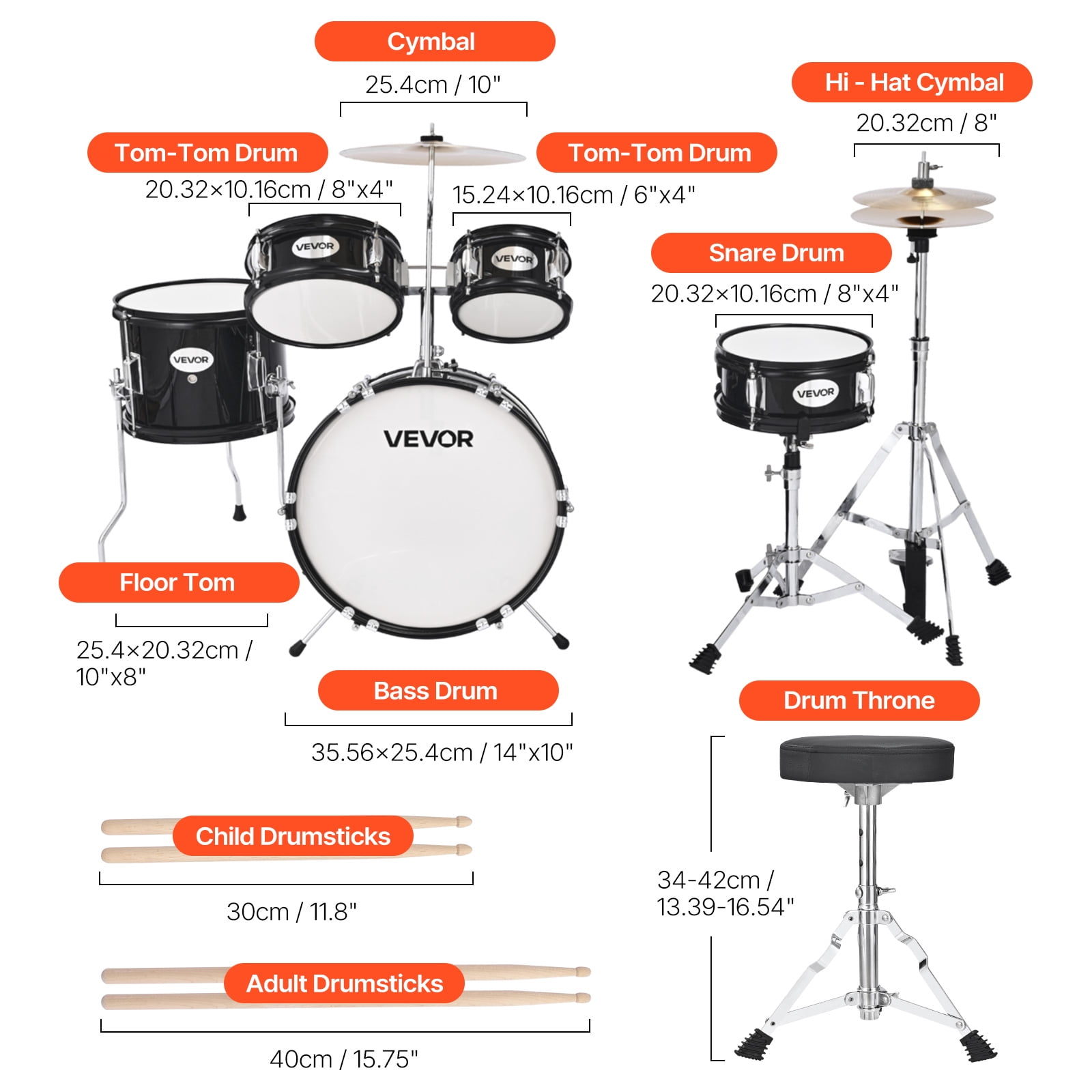 VEVOR Kids Drum Set,5-Piece 14 in Junior Drum Sets, Beginner Drums Set with Adjustable Throne, Cymbal & Two Pairs of Drumsticks, Musical Learning Drums Kit(Black)