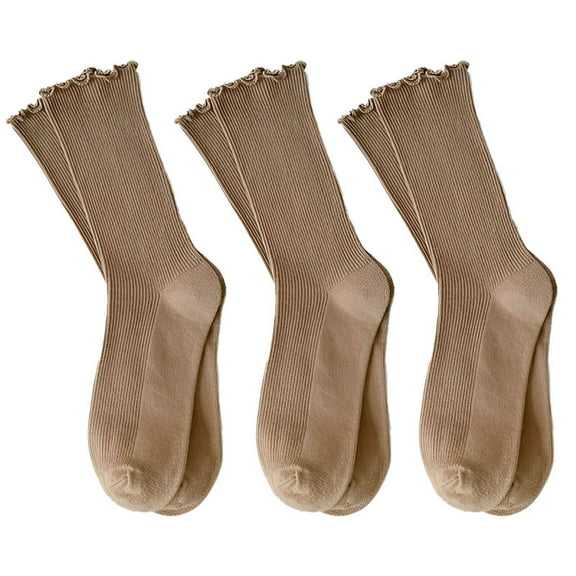 TELOLY 3Pairs Slouchy Socks for Women,Stretchy Snug Feel Ruffle Socks Woman,Lightweight Airy Comfort Frilly Socks Women,Brown