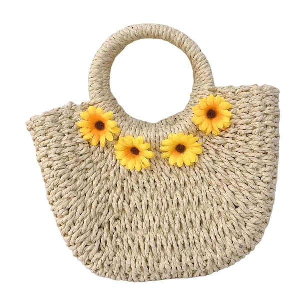 Bolso de mano bohemio tejido con asa redonda, elegante, de paja, para mujer, para playa y verano Beige