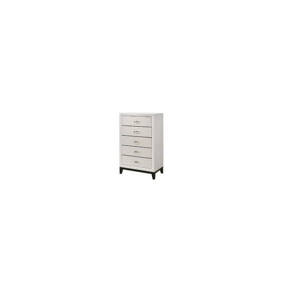 Transitional 5 Drawer Chest with Curved Handle and Chamfered Feet, White