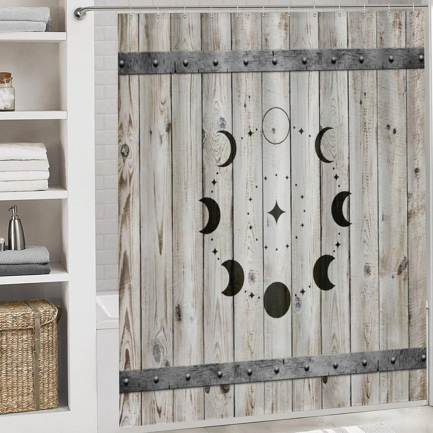 Country Barn Door 4 Pcs Shower Curtain set Bathroom Set Rustic Farmhouse Wooden Board Full Moon Shower Mat Shower Curtain with Rug 12 Hooks,72" W x 72" L