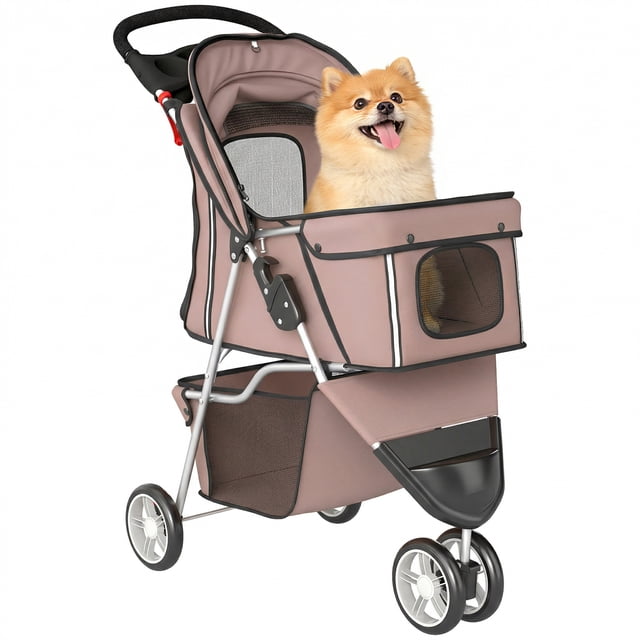 PawHut Deluxe 3 Wheels Pet Stroller with Brake, Canopy, Cupholders (Coffee)