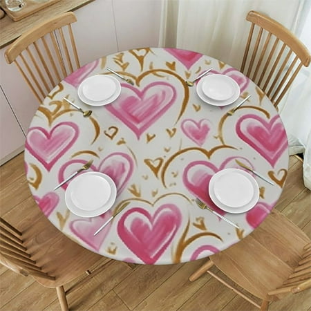 

ONETECH Heart Pattern Round Tablecloth with Elastic Edge 100% Polyester Fiber - Festive Table Decoration for Home 46-50