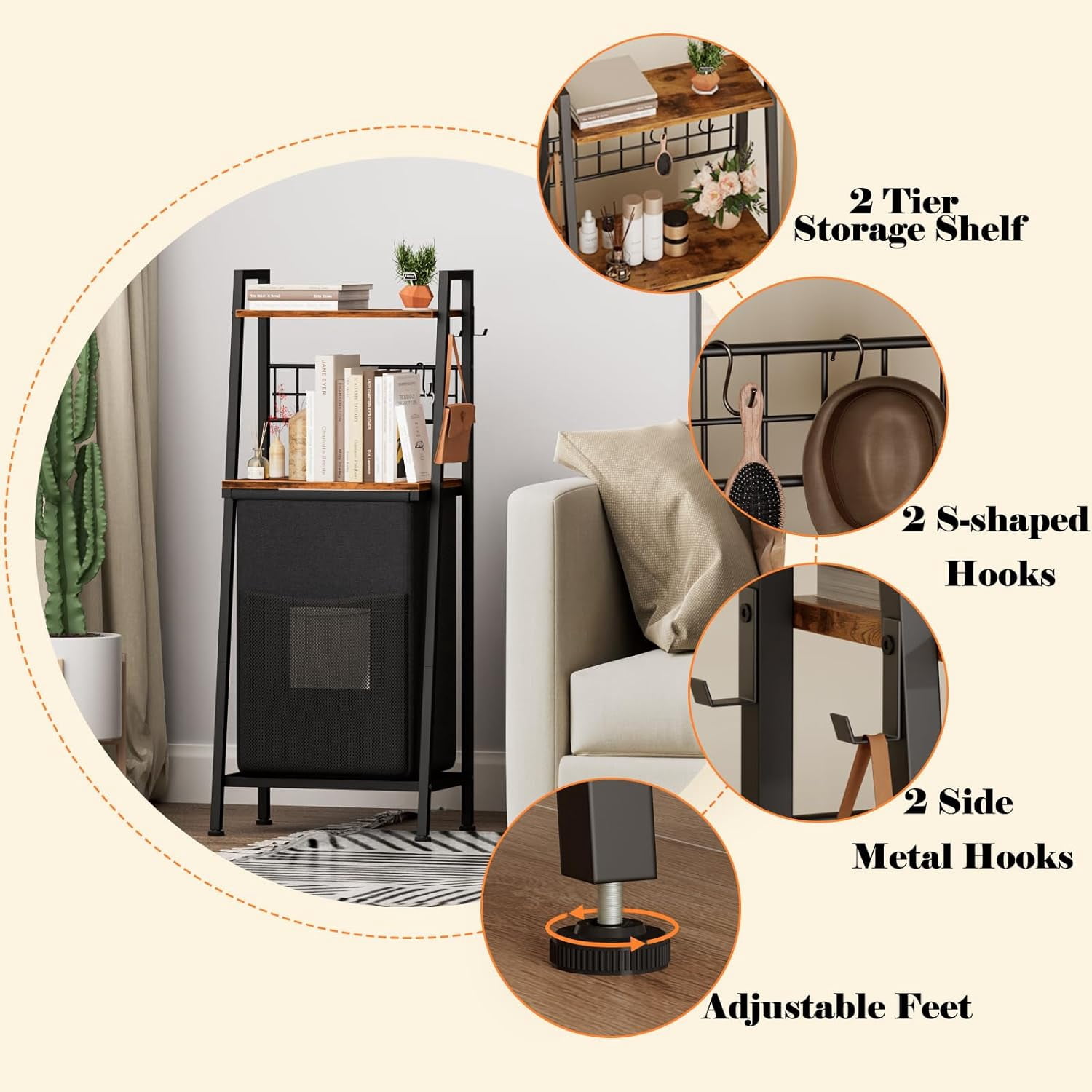 MX-Laundry Hamper, Vertical Laundry Basket with 2 Tiers Wooden Shelf and Hooks, Clothes Hamper with Pull-Out and Removable Bag for Bathroom, Bedroom, Dorm, 13.21 Gallons (50L)