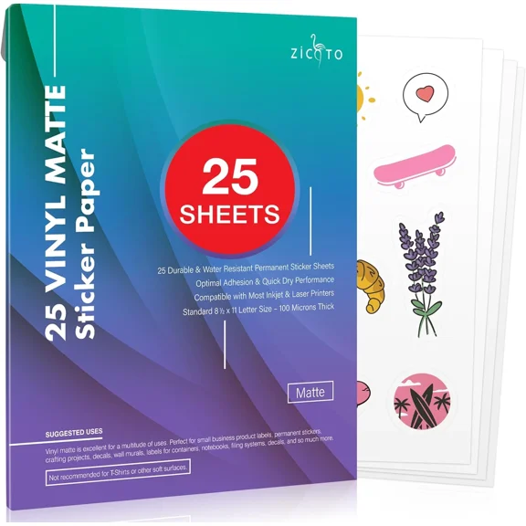 Premium Printable Vinyl Sticker Paper For Your Inkjet And Laser Printer – 25 Mat
