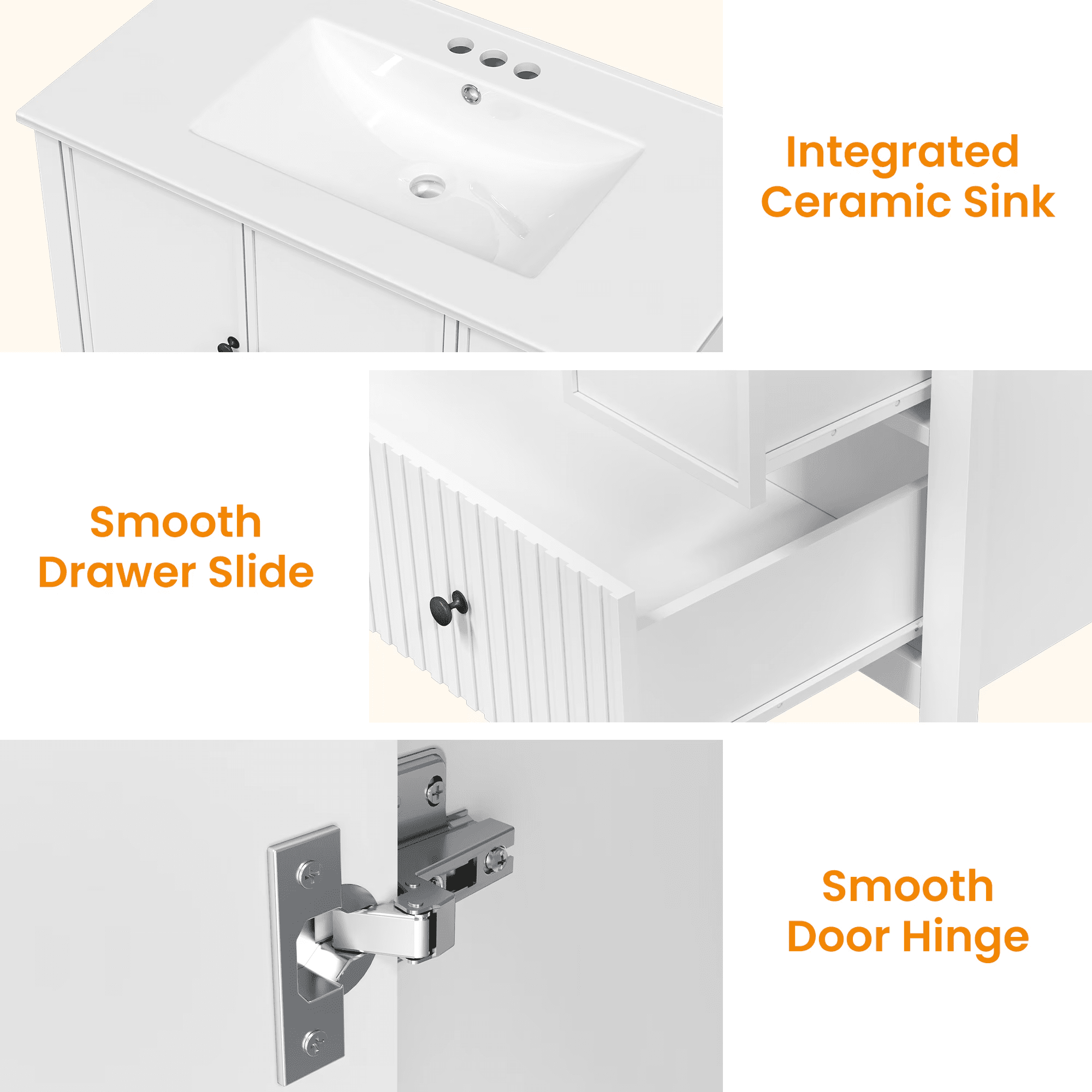 Mintazer 36 Inch Fluted Freestanding Bathroom Vanity with Ceramic Sink, Farmhouse Single Sink Bath Cabinet with Doors and Drawers, White