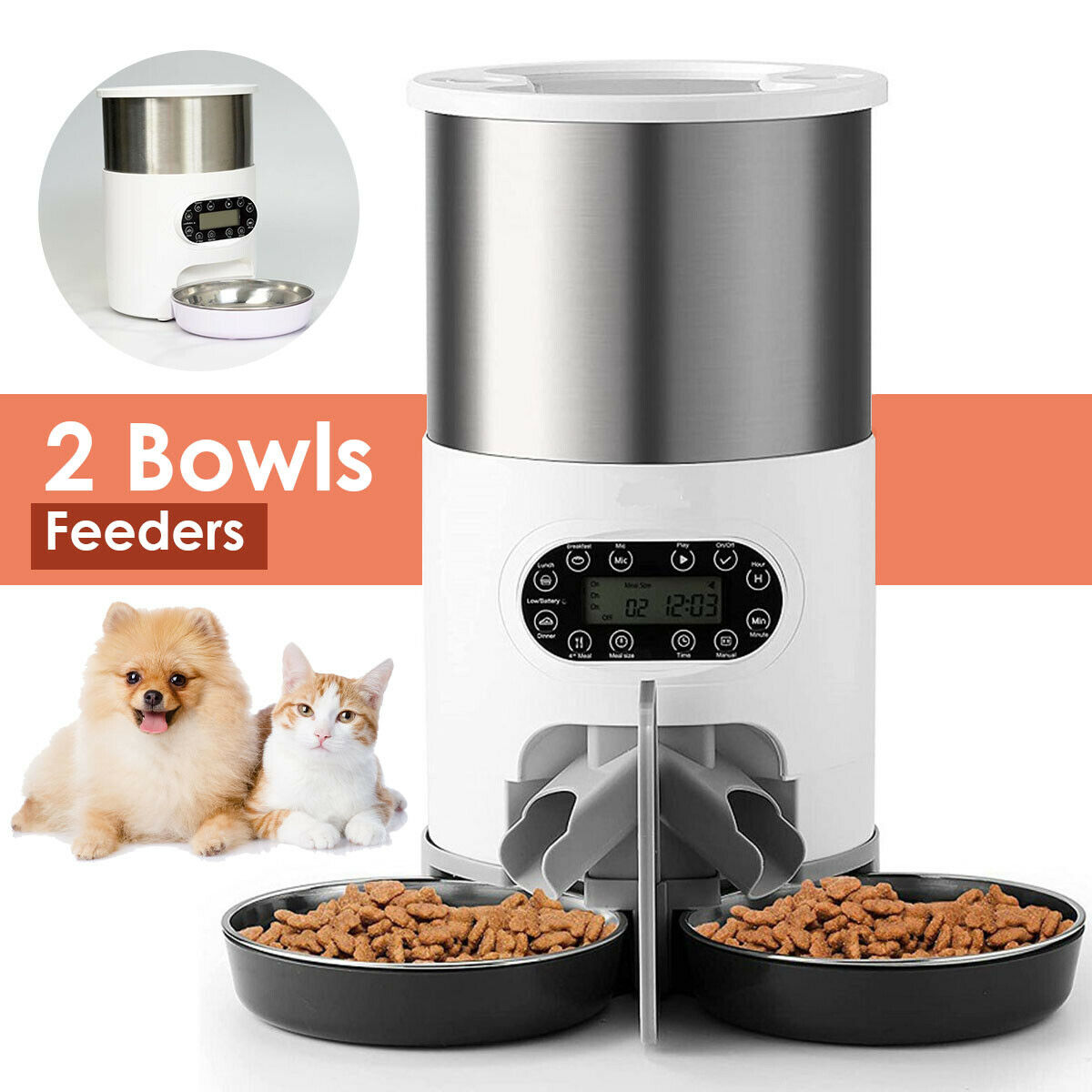 Automatic Cat Feeders, 304 Stainless Steel Timed Cat Food Dispenser for