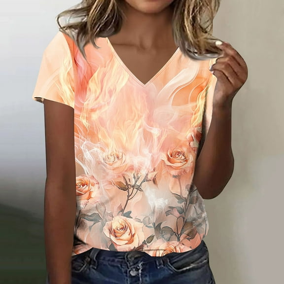 Jsaierl Tops for Women Short Sleeve Casual Vacation Shirts V Neck Soft Ladies Blouses Trendy Graphic T Shirts Top S-2XL