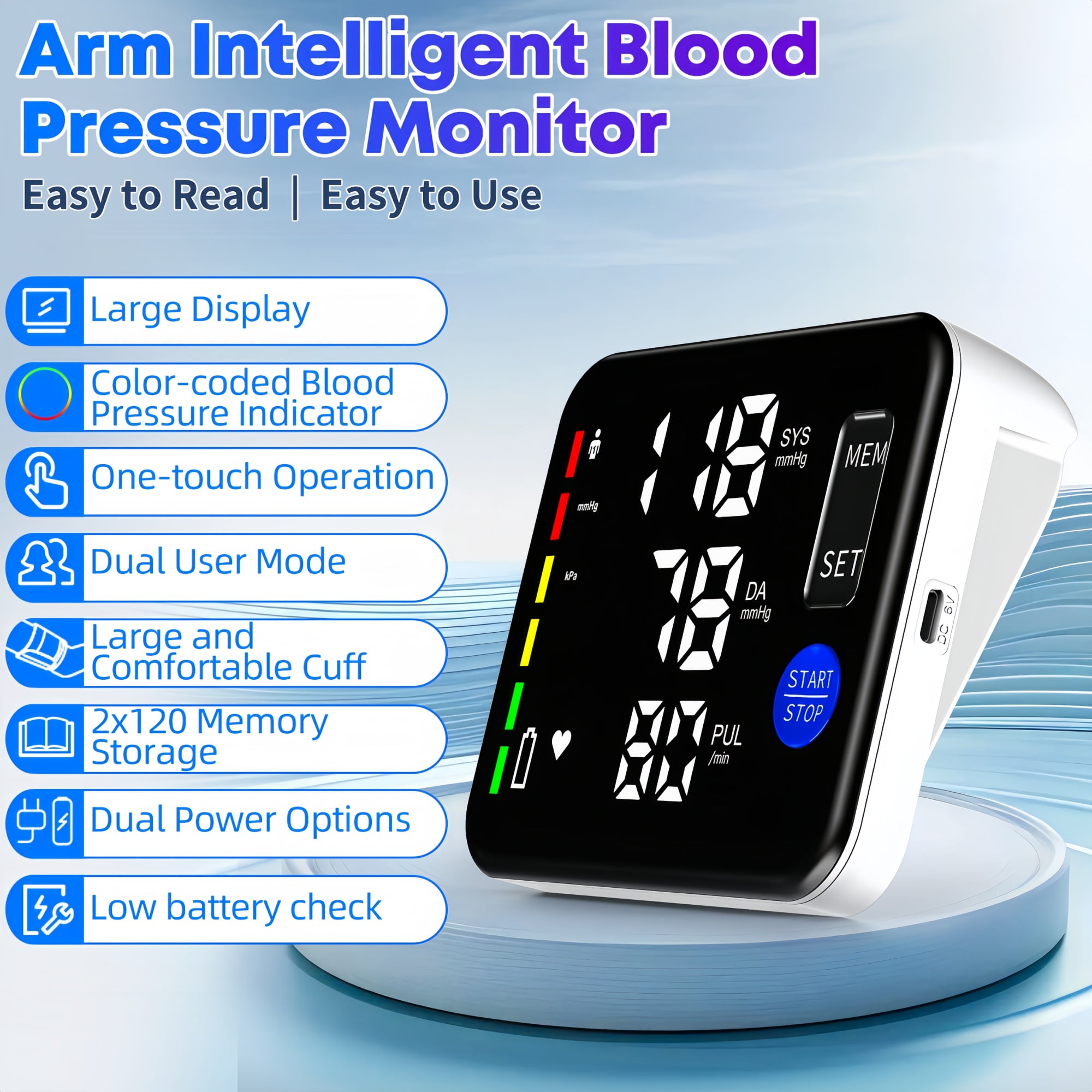 Upper Arm Blood Pressure Monitor, Equipped with 22-42cm Cuff, Rechargeable Automatic Digital BP Monitor with Dual-User Mode, 120 Reading Memory and Voice Broadcast, for Home Use