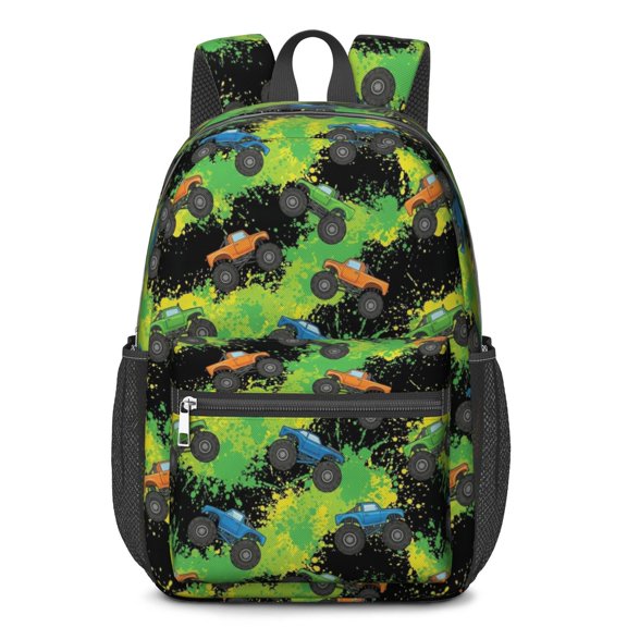 Monster Cartoon Truck Black Pattern 17" Waterproof Oxford School Backpacks for Teens, S-Shape Padded Straps, for School, Travel, Hiking, Camping