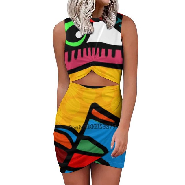 Funky Abstract Face Back Lacing Backless Dress Square Neck Dress Fashion Printed Dress 6Xl Multicolor Picasso Abstract Eyes