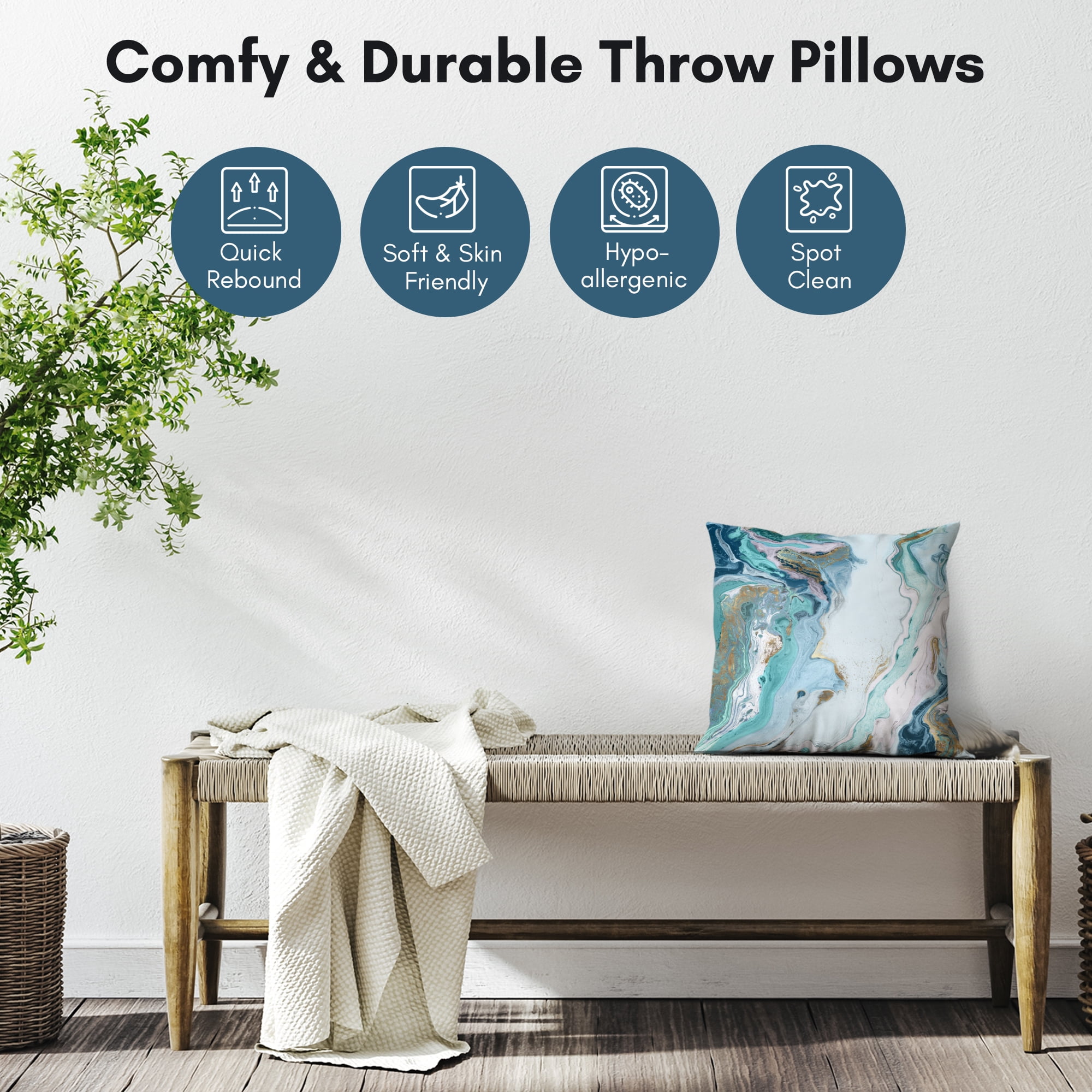 Americanflat 14"x14" Abstract Marble Design Throw Pillow with Premium Polyester - White and Blue
