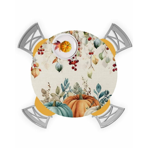 Round Fitted Tablecloths with Elastic Edge Thanksgiving Pumpkin Eucalyptus Leaf Waterproof Wipeable Table Cover for Kitchen Dining Party Decor Fall Plant Berry on Linen Table Clothes,36" - 44"