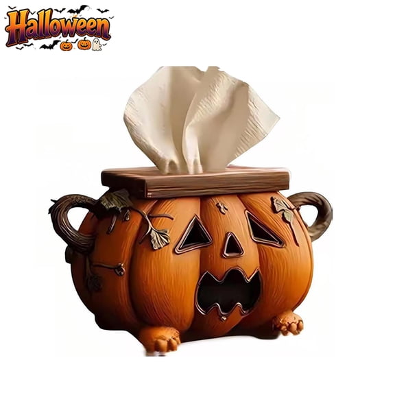 Halloween Jack O Lantern Pumpkin Resin Tissue Box Holder,Spooky Pumpkin Tissue Box Cover Decor for Bathroom Kitchen Office,Cute Fall Decor with Facial Paper Organizer Function, Holiday Home Accessory