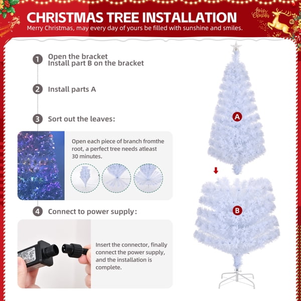 6FT White Fiber Optic Christmas Tree - 220 PVC Branch Tips, 7-Color Auto-Changing Lights, Holiday Centerpiece for Home/Living Room/Office/Entryway