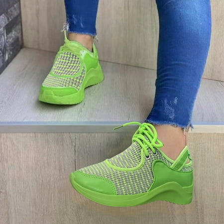 

Aayomet Womens Slip on Sneakers Ladies Fashion Color Blocking Mesh Leather Patch Lace Up Thick Soled Casual Sports Shoes Green 7.5