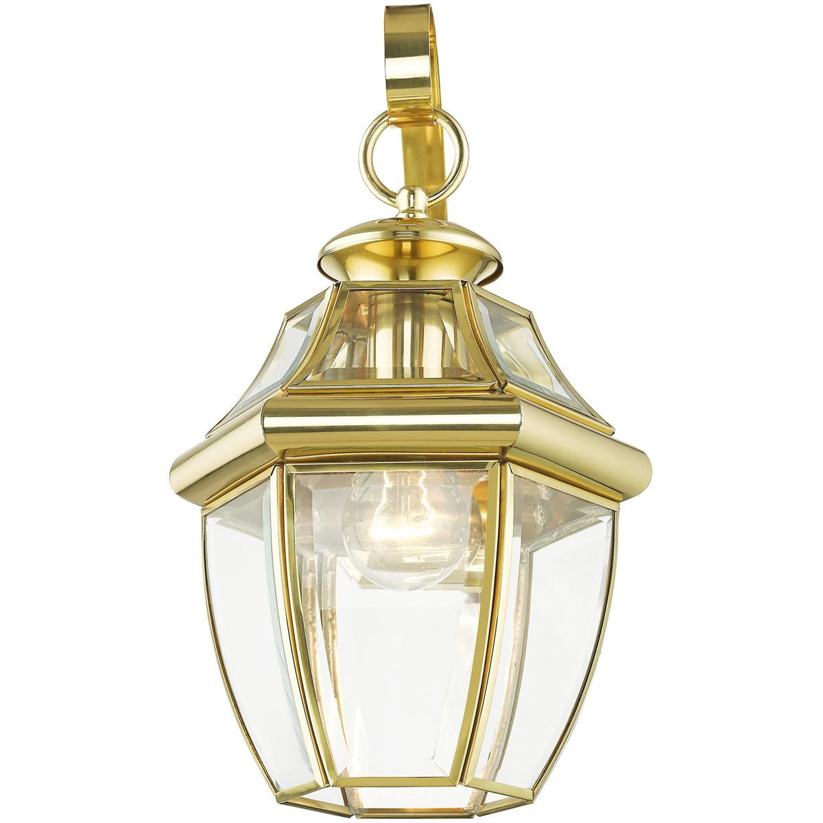 8.5 inch 1 Light Polished Brass Outdoor Wall Lantern Pendant Lighting Fixture with Clear Beveled Glass Shade backed with Hand Crafted Solid Brass material for patio, front porch, entryway and more