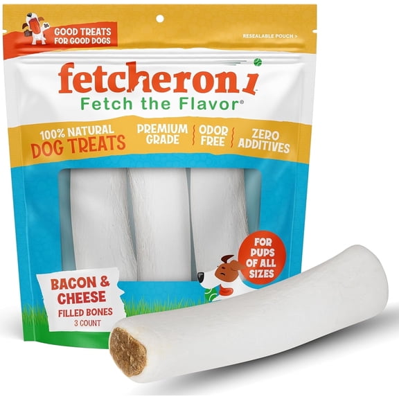 FETCHERONI Bacon and Cheese Stuffed Dog Bones, Natural Dog Treats, Dental Chews for Dogs, 3 Pack