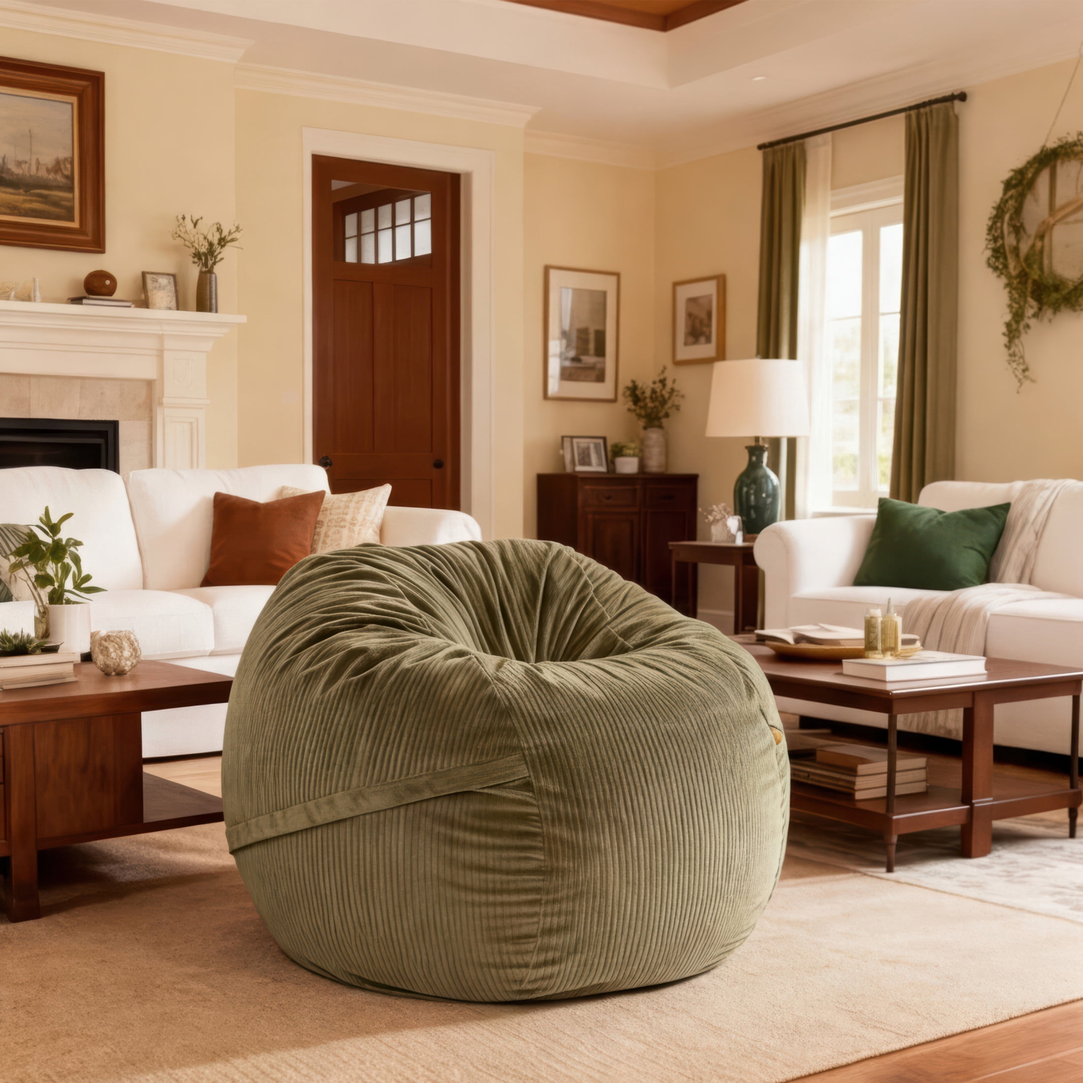 Luna 5 Foot X-Large Bean Bag Chair – Oversized Foam Lounger for Adults & Kids, Plush Corded Faux Fur, Green