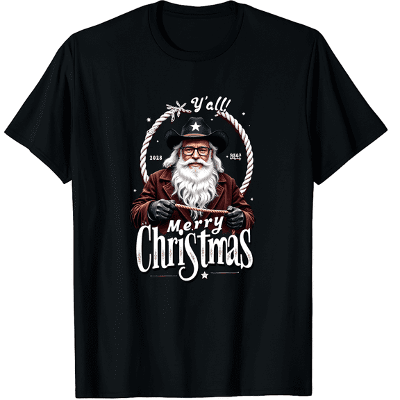 Mens Merry Christmas Yall T Shirt Funny Cowboy Santa Claus Christmas Graphic Black T-Shirt for Men and Women