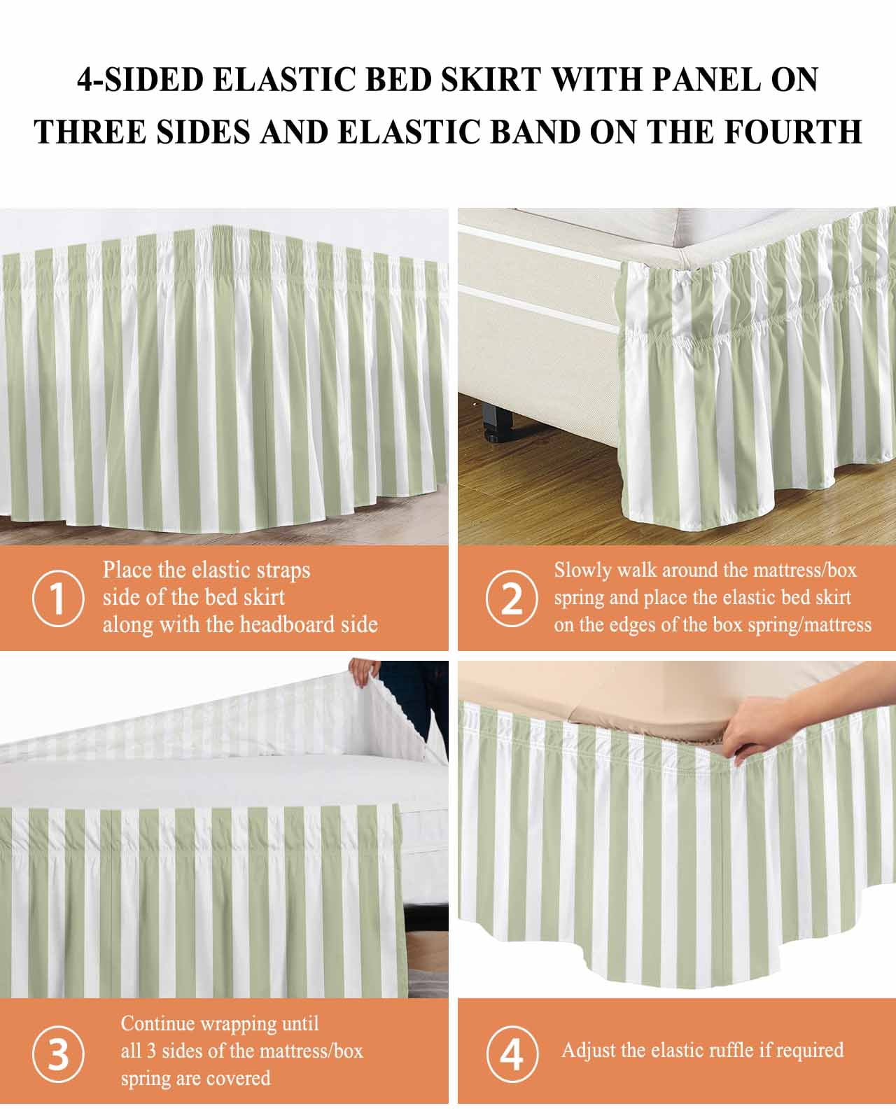 Sage Green Striped Bed Skirt Queen Size, Modern Farmhouse Sage Green White Stripes Wrap Around Bed Skirting with Adjustable Elastic Strap, Dust Ruffle Pleated Bedskirts 16 Inch Drop for Bedroom Beds