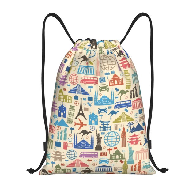 Saiise Famous Places Pattern Sports Drawstring Backpack - String Swim Gym Bag with Wet Proof Pocket for Women&Men-Small