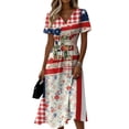 thumbnail image 2 of Fourth Of July Outfits for Women Red White and Blue Print Deep V Neck Dress Usa Flag Midi Cover Ups Dress Cocktail Party Dress, 2 of 5