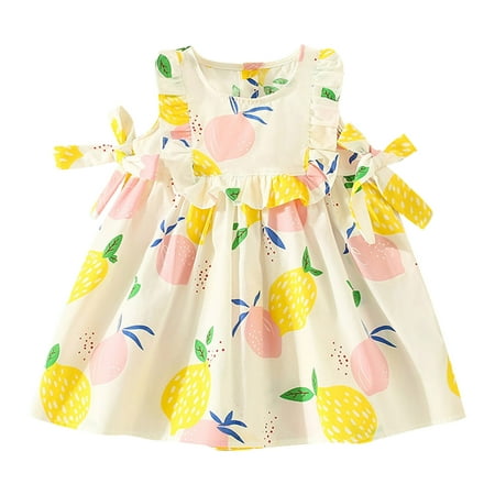 

BSDHBS Little Girl Dresses Toddler Girls Sleeveless Bowknot Fruits Prints Ruffles Princess Dress Dance Party Dresses Clothes