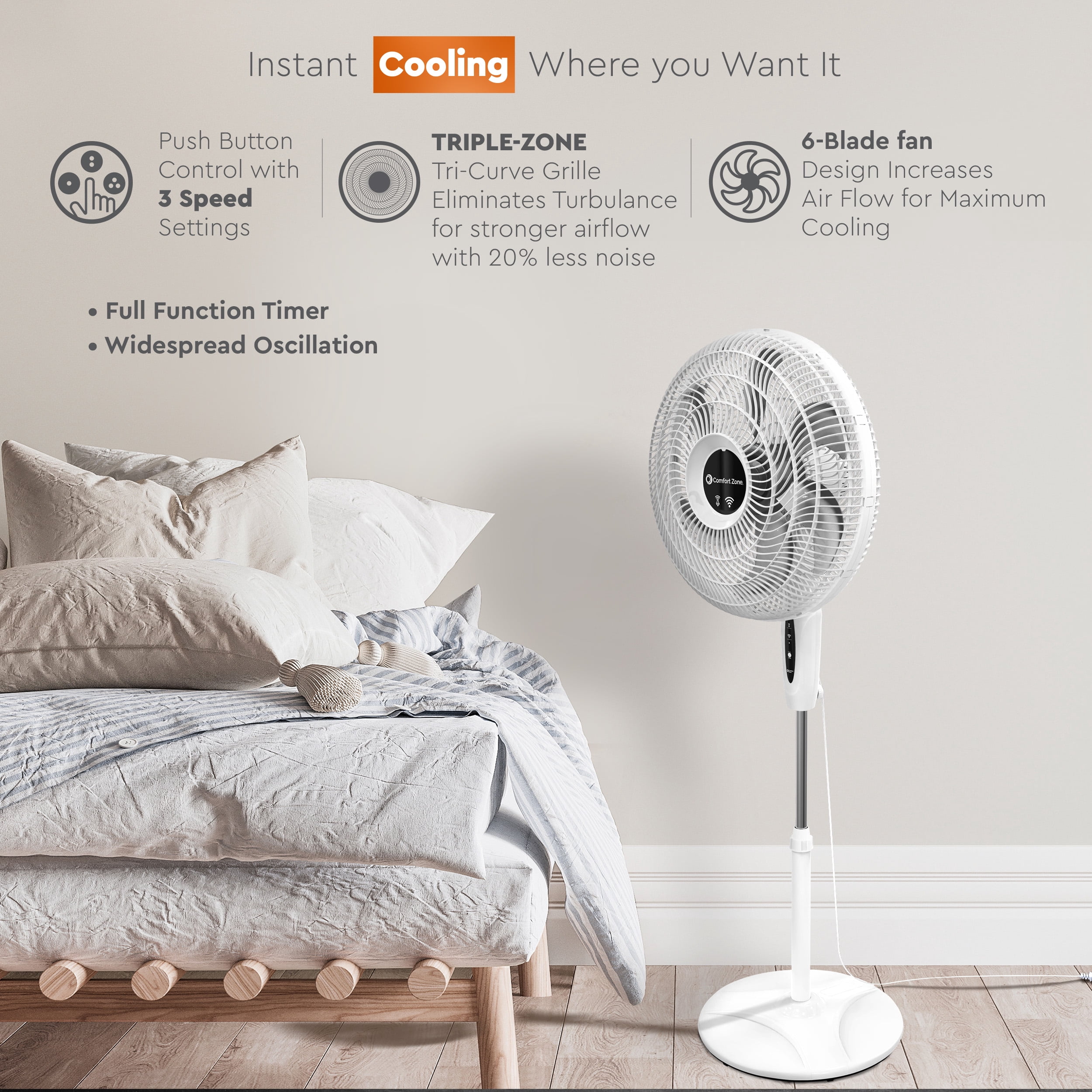 Comfort Zone 18" Smart Wi-Fi Oscillating Stand Fan, White
