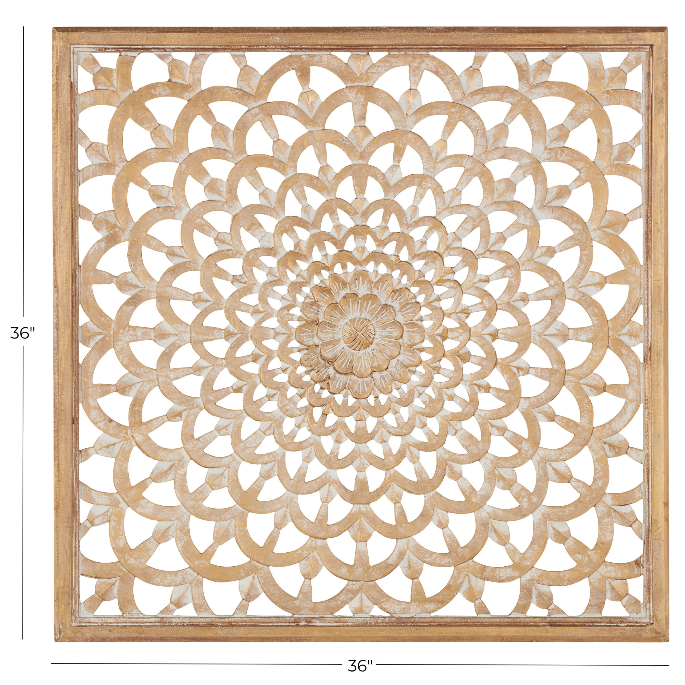 DecMode Traditional Carved Wood Floral Patterned Wall Décor with Brown/White Distressed Finish, 36"W x 36"H