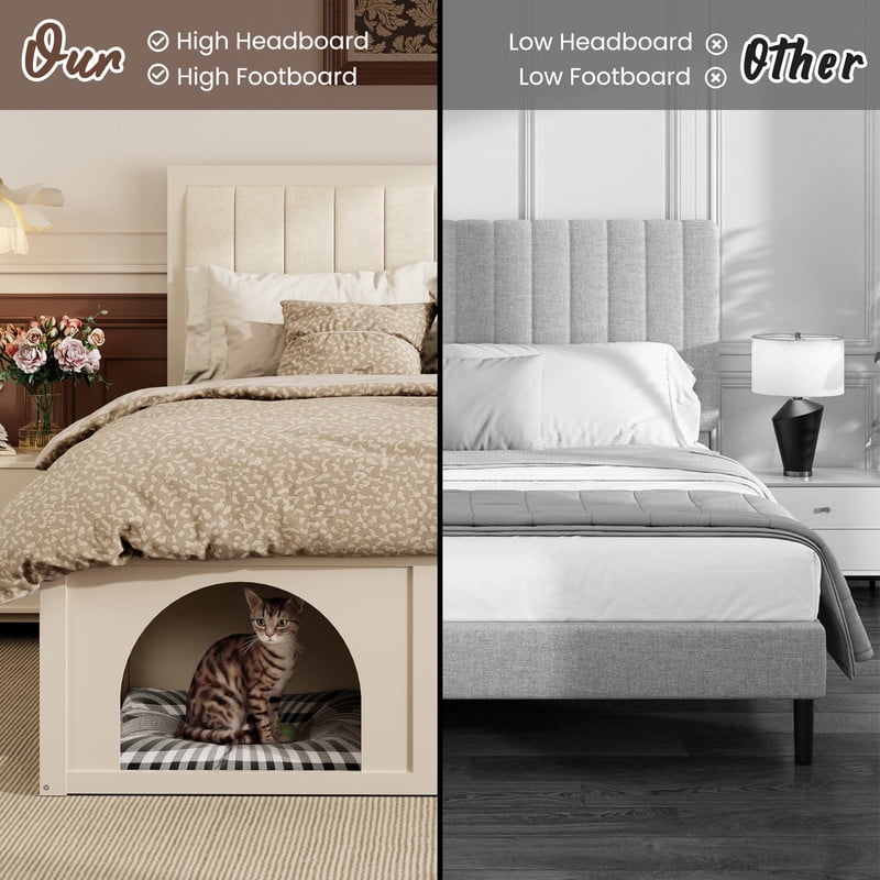 Queen Size Pet-Friendly Platform Bed with Under-Bed Pet Nooks, Heavy Duty Wooden Storage Bed Frame with Padded Headboard