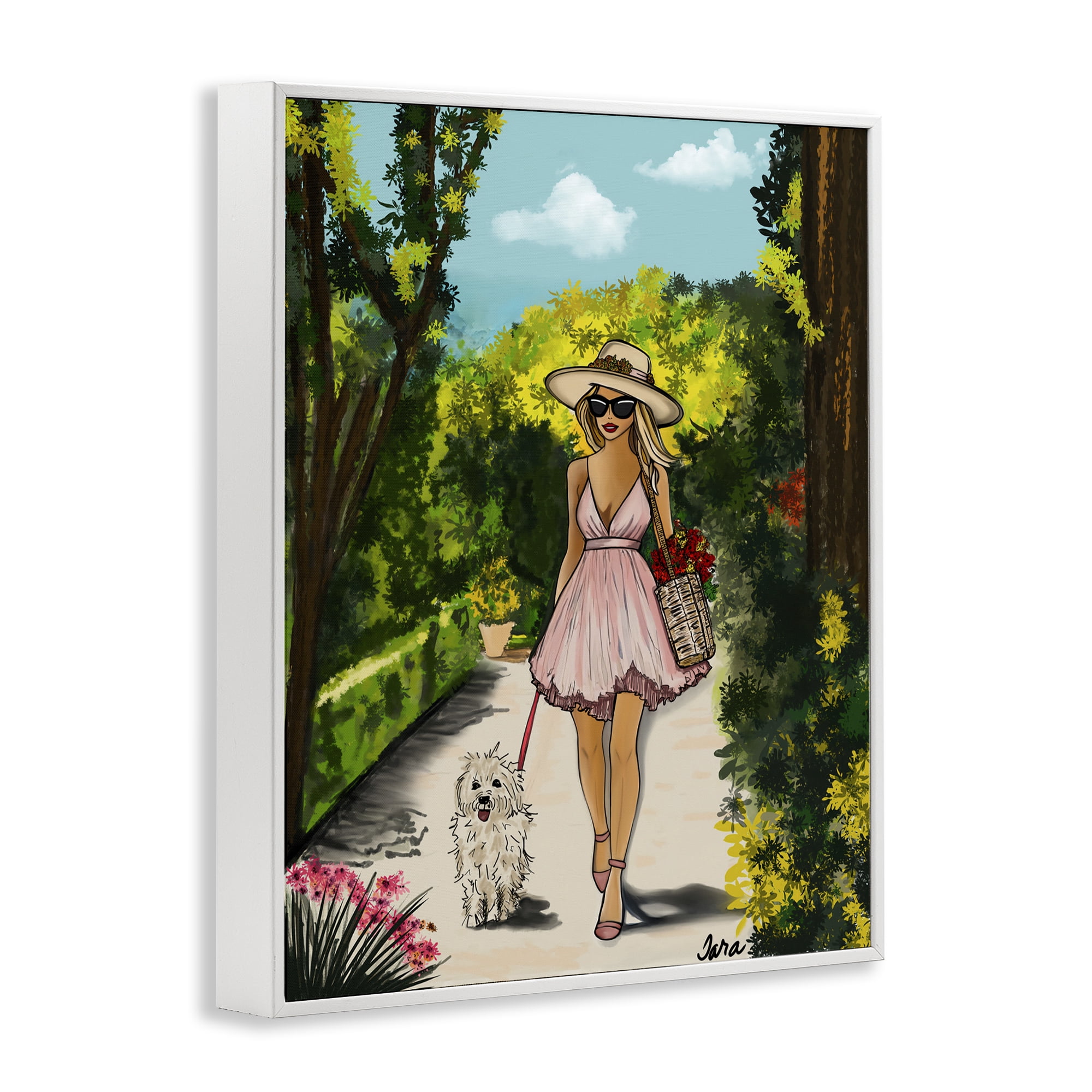 Stupell Industries Garden Girl Strolling with Pup White Framed Giclee Art, design by Tara Boone