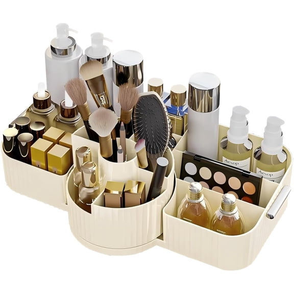 ABPETE Large Makeup Brush Holder,Rotating Makeup Organizer,Vintage Striped Cosmetic Organizer,Makeup Storage Organizer for Bathroom Countertop,Dresser,Vanity(Cream)