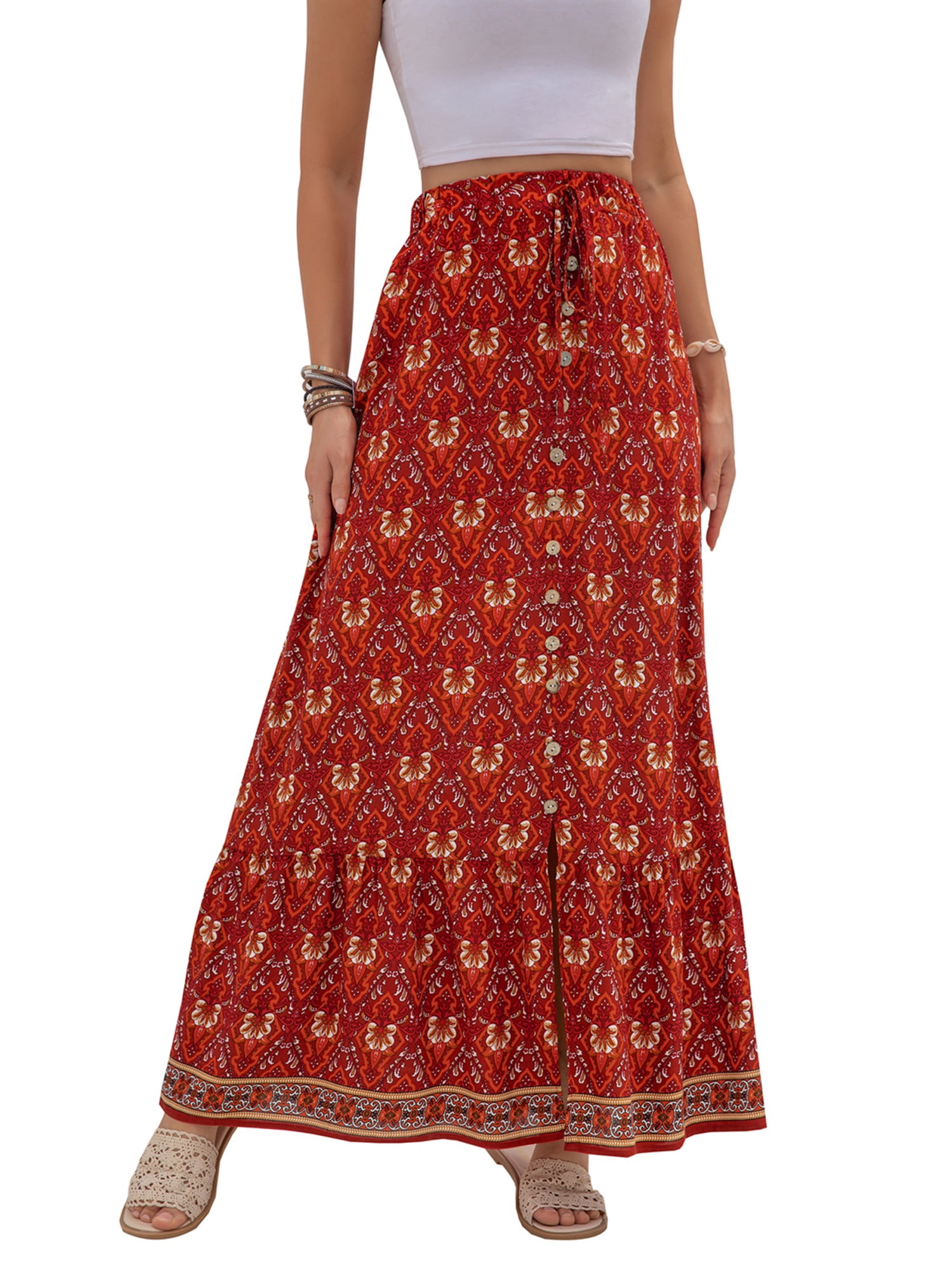 red pleated maxi skirt floral