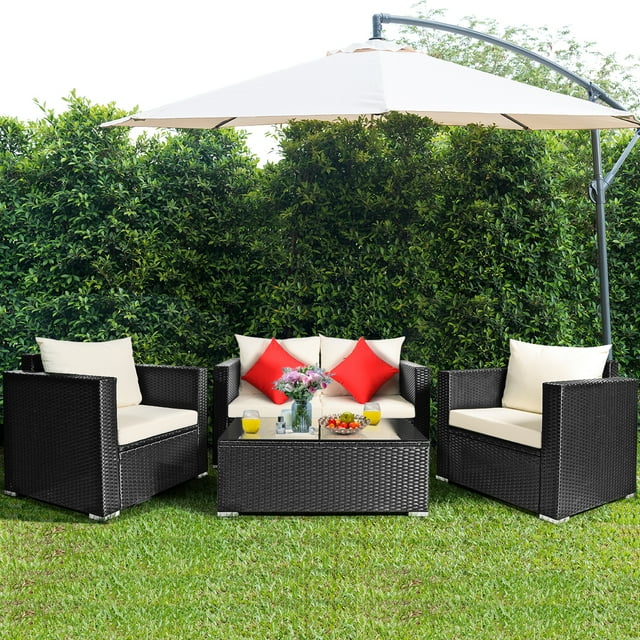 Patiojoy 4PCS Patio Rattan Wicker Conversation Furniture Set Sectional Sofa & Coffee Table
