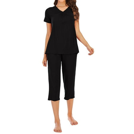 

HUBERY Adult Women V Neck Short Sleeve Pockets Solid Color Leisure Pajama Set L