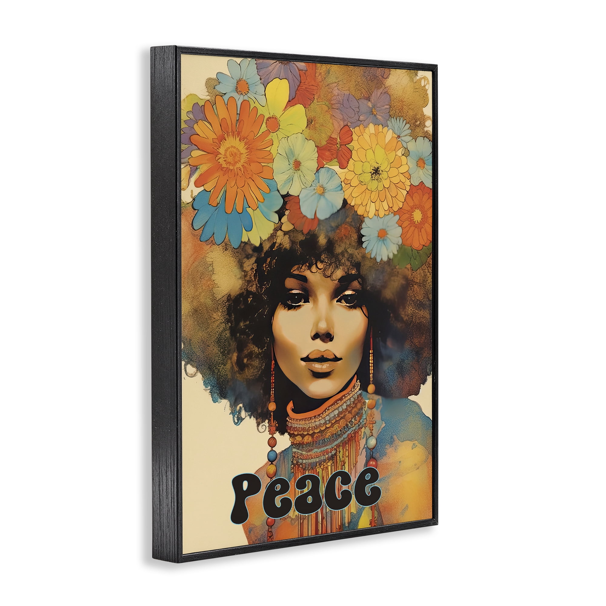 Peace Groovy Afro Girl Black Framed Giclee Art, design by Sasha